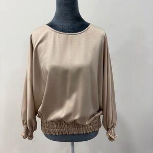 Mustard Seed Satin Taupe Balloon-Sleeve Blouse